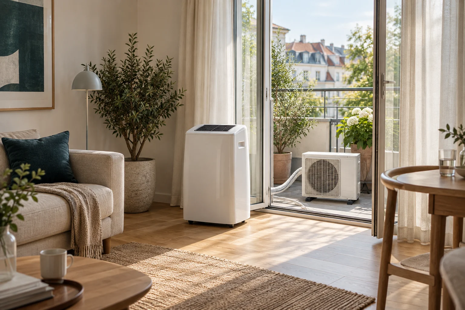 Beispielhafte Wohnung mit markenfreiem mobilen Split-Klimagerät innen und Außengerät auf dem Balkon